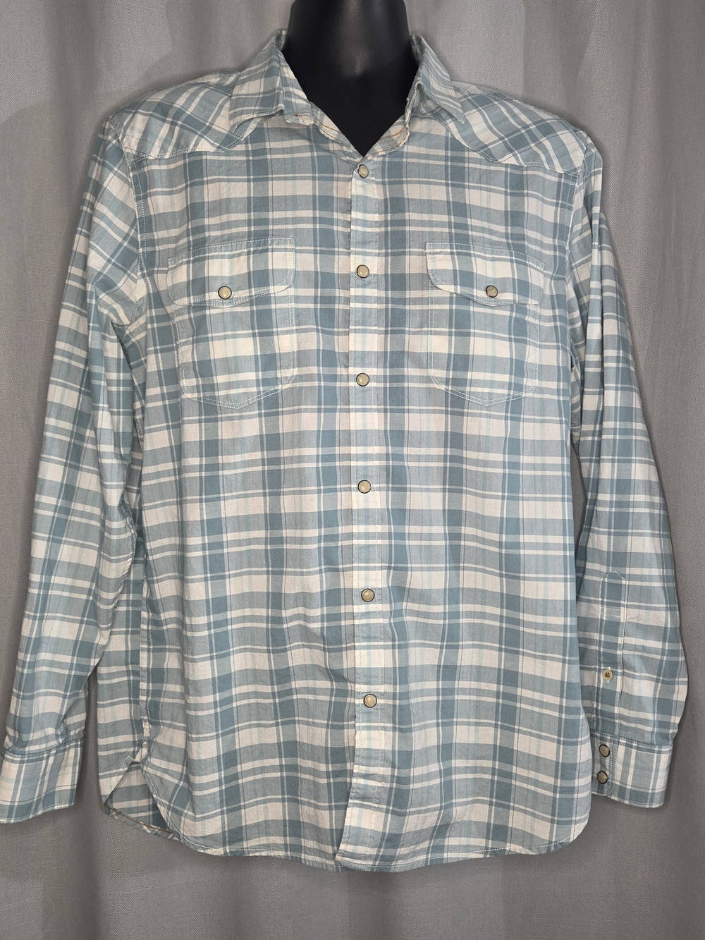 Lucky Brand Men's Light Blue Plaid Button-Up Shirt With Pearl Snaps Size Large